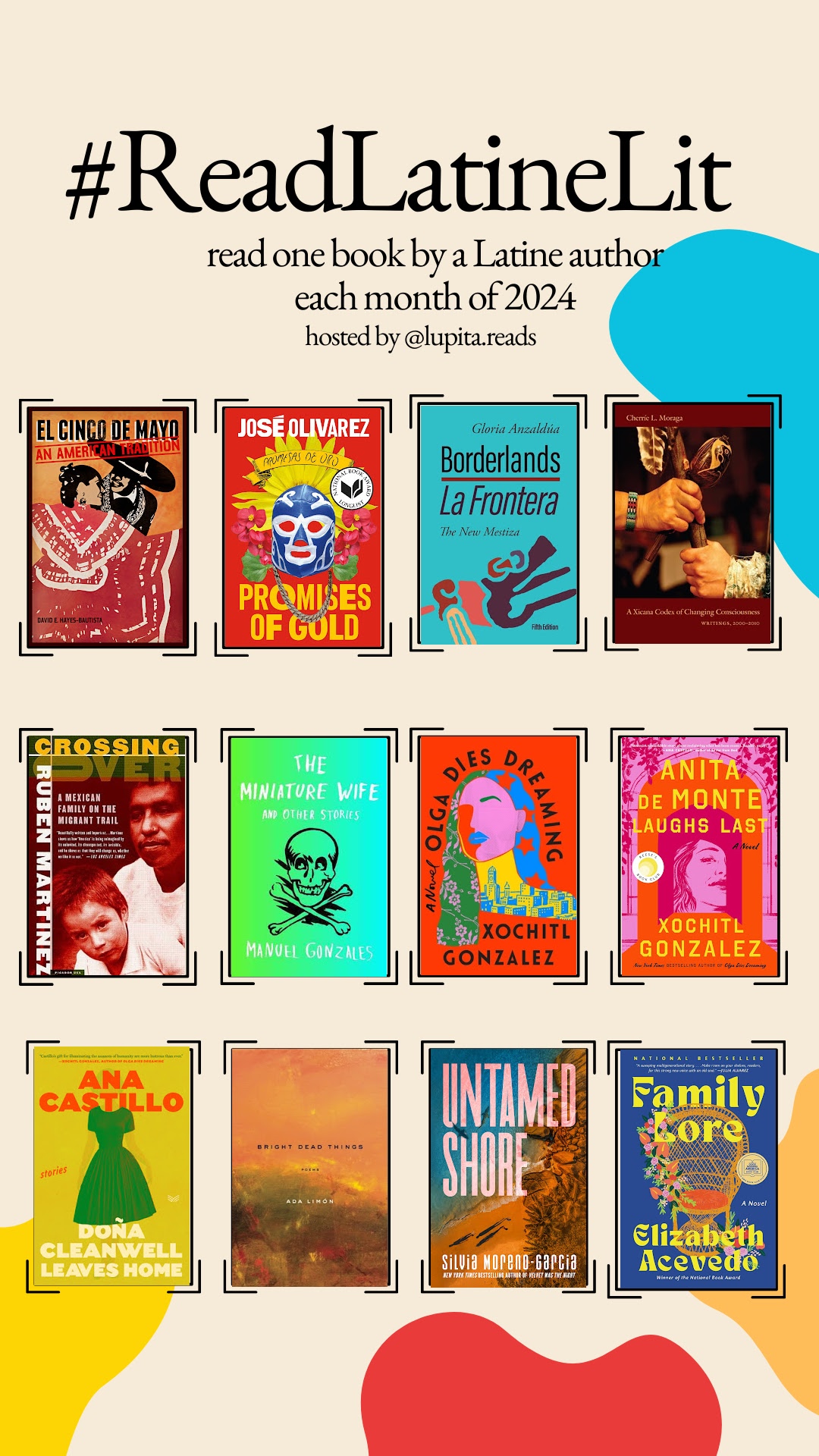 Read Latine Lit challenge to read one book by a Latine author each of 2024 hosted by @lupita.reads. The graphic features 12 books in a grid. All titles listed in blog post.