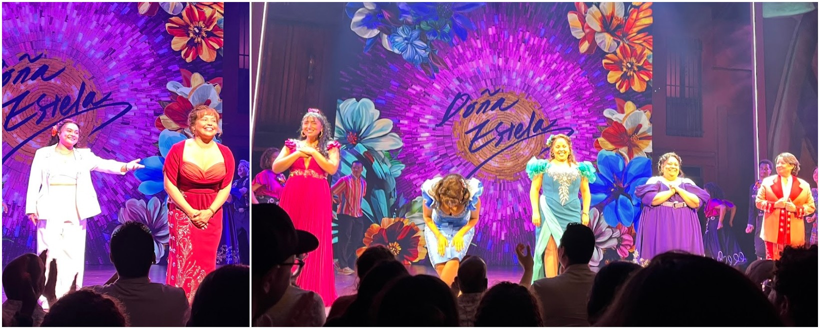 Curtain call of Real Women Have Curves. Collage displays two photos of seven Latina actors. The women wear formal gowns in bright colors like pink, red or teal. One actor wears a white suit and one wears an orange suit. The background shows Doña Estela written surrounded by flowers and a purple mosaic pattern.